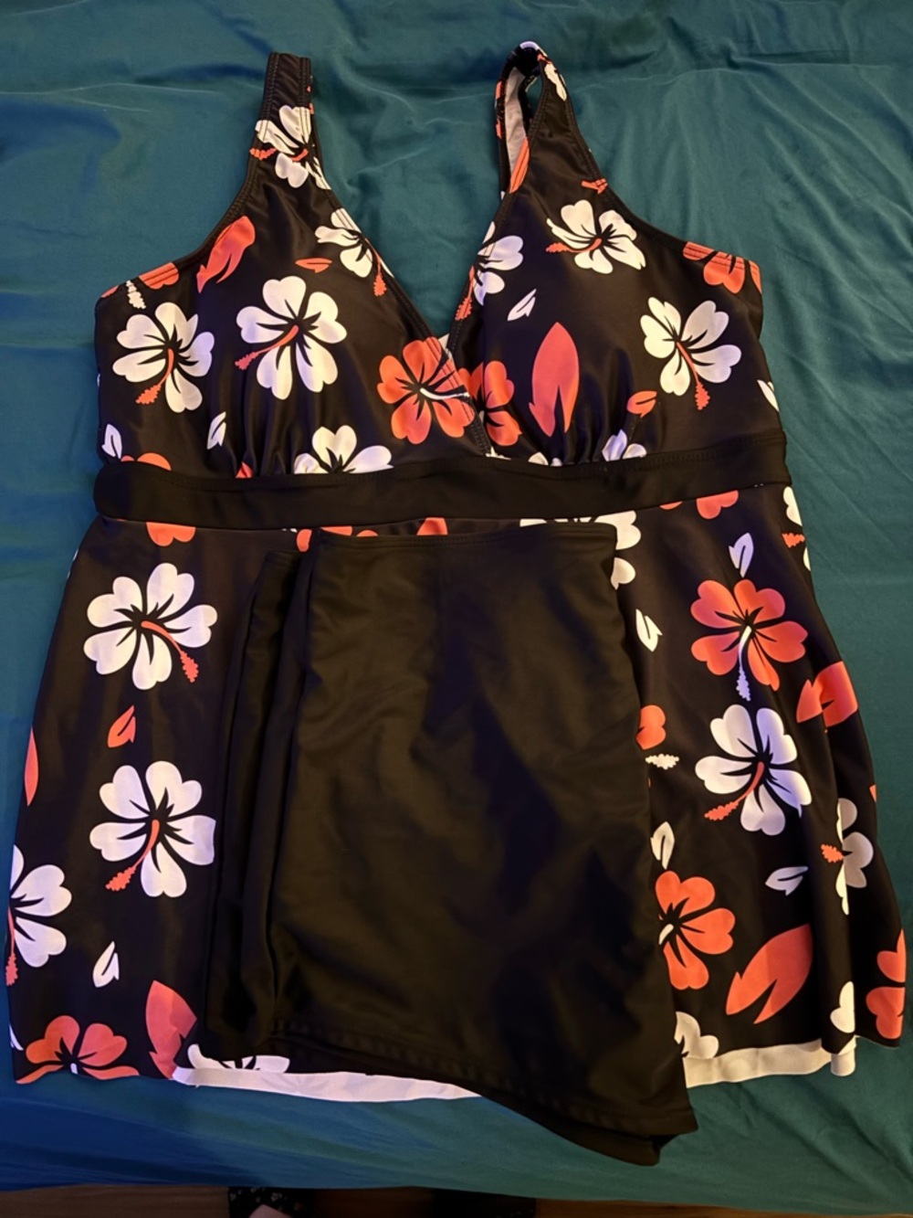 Black Tankini with Coral & White Hibiscus Print